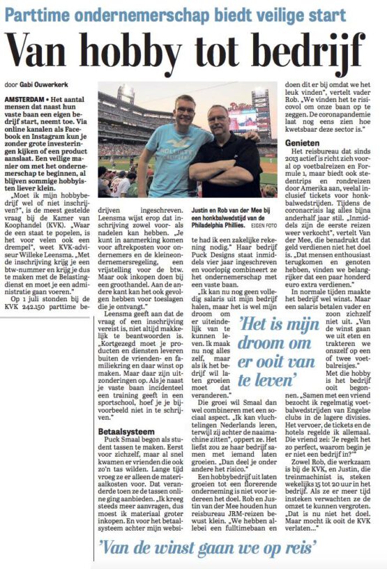 Krantenartikel over JRM Reizen en parttime ondernemerschap